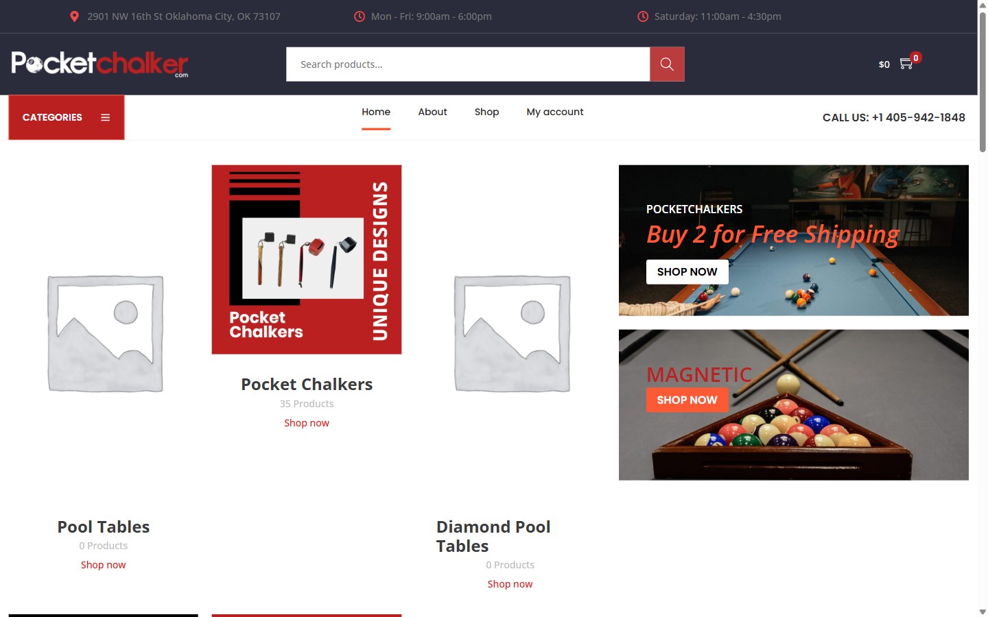 Screenshot of the Pocket Chalker custom pool cue chalk holder e-commerce website